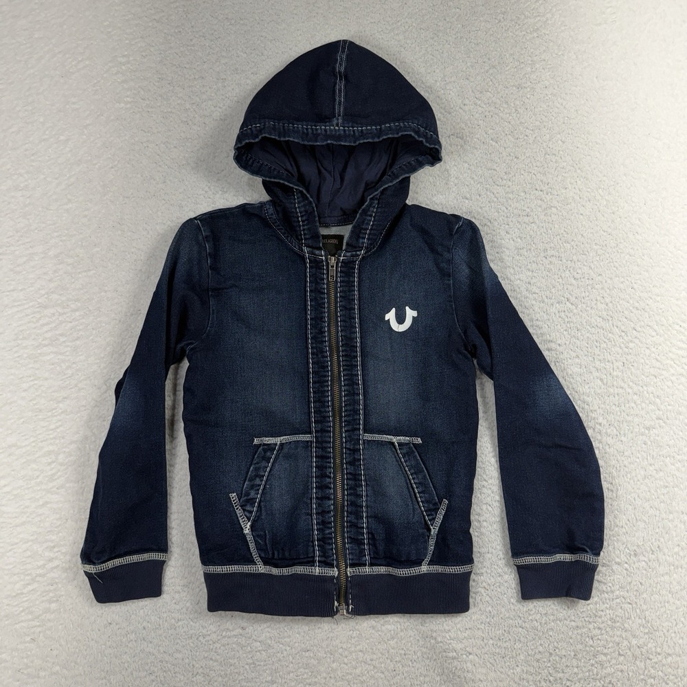 True Religion Full Zip Hoodie Sweatshirt Boys Size M Blue Denim Big Logo Unisex